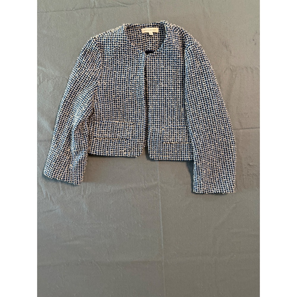 Banana Republic Womens Cropped Tweed Jacket Blue White Textured Open Front sz 6